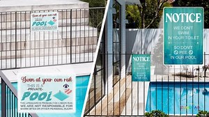 Pool Rules Sign Decor, Pool Decorations Outdoor-Jump In Have Fun, Durable Metal Sign Plaque for Beach Home Bar Pool Deck Backyard Fence Walls, 12X8 Inch
