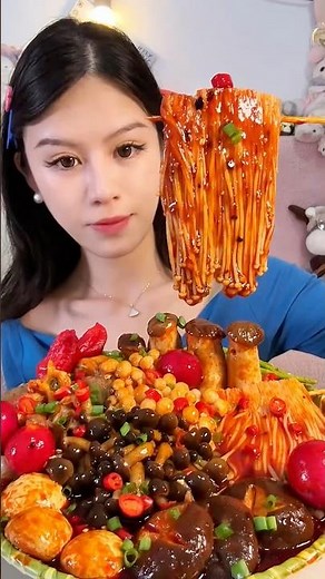Spicy Enoki Mushrooms Noodles🥵🔥 #mukbang #asmr #funny