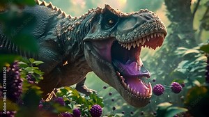A fierce Tyrannosaurus Rex tears through a berry bush its sharp teeth revealing bits of purple juice as it gobbles up the sweet treats.
