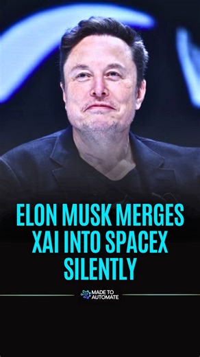 Made To Automate on Instagram: "Elon Musk’s decision to merge his AI company into SpaceX marks a bold shift in how technology and space innovation will evolve. The deal valued the combined operation at more than one trillion dollars, completed quietly without announcements or traditional publicity. By converting the AI company’s enormous valuation into SpaceX equity, the company now operates as a unified platform. This includes computing power, satellites, energy systems, and advanced launch cap