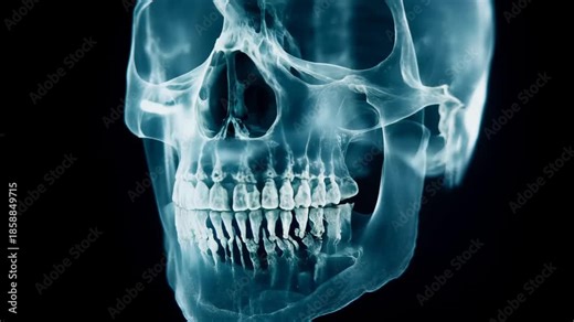 X-ray of a human skull showing detailed structure and features from a side view for educational purposes