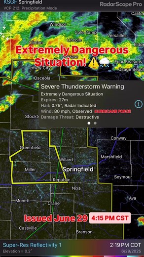🚨 EXTREMELY DANGEROUS STORM — DESTRUCTIVE THREAT 🚨 🟡 Severe Thunderstorm Warning — Extremely Dangerous Situation 📍 West of Springfield, MO 🕔 Issued: 4:15 PM CDT | June 29 💨 Winds: 80 MPH — Hurricane Force 🌩️ Hail: 0.75” (Radar Indicated) ⚠️ Damage Threat: Destructive 📢 This is a rare and serious warning — treat it like a tornado! Stay away from windows and move to an interior room. Power outages and tree damage are likely. #MOwx #SevereThunderstorm #HurricaneForce #DestructiveStorm #RDW