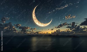 Crescent Moon and Stars over a Night Sky with Clouds and Water