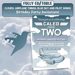 Editable Airplane & Clouds Birthday Invitation With Various Sizing for Toddler, Baby's First Birthday, Digital, Printable, Customizable Text - Etsy