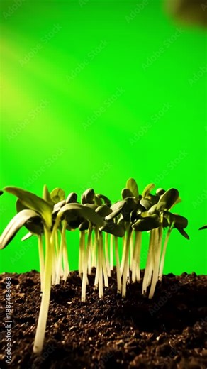 Green Screen timelapse sprouting of sprouts from the ground in a dynamic shot high quality 4k footage scene 1 with distortion, overlay, glitch, static noise, scan lines on black background, animated