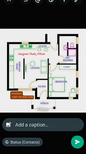 Modern house bachelor pad design idea. Open concept layout, spaces: Lounge area, Cooking space with breakfast counter, Foyer/entrance hall, Bedroom, Showe/WC, Porch. Well cross ventilated lounge/kitchen, Functional layout. House plan design 2024, house plans in Botswana. This is a 2D architectural layout design by Architectural Designer: Mr Thabiso Mholo Contact:( 267) 74 505 378 #Botswana #houseplan #housedesign #drawing #plan #floorplan #layout #2024 #foryoupage #foryou #luxury #modernarchitec