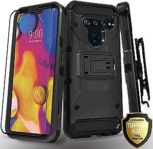 STARSHOP Compatible for -LG V50 ThinQ Case, LG V50 Case, [Not Fit LG V60] with [Tempered Glass Screen Protector] Heavy Duty 12 Feet Drop Protection Kickstand Phone Cover and Locking Belt Clip- Black