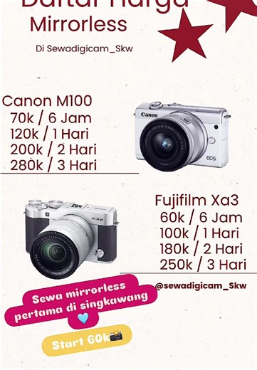 Sewa mirorrless pertama di singkawang🩵 Yang mau booking buat travelling, ke pantai, party, dan hangout? bisaa bangettt📸 BOOKING? DM ig @sewadigicam_skw #mirrorless #canonm100 #fujifilmxa3 #singkawang #singkawanginformasi