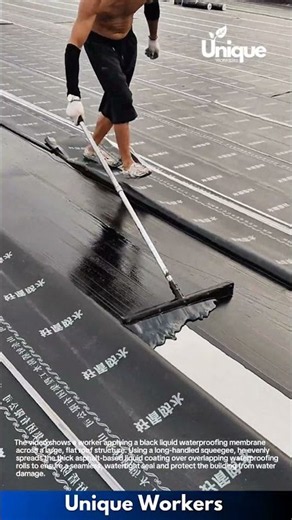 Flat Roof Waterproofing: Applying Liquid Asphalt Coating with Squeegee