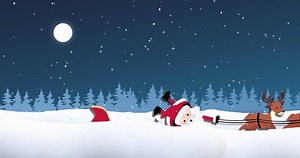 Animation of snow falling over santa claus in sleigh with reindeer and winter landscape at christmas. Christmas, tradition and celebration concept digitally generated video.