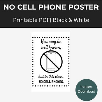 No Cell Phone Poster | Printable Classroom Rule | Black & White PDF
