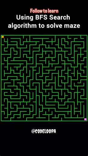 Codeloopa on Instagram: "BFS doesn’t just find a way… it finds the shortest path 🧩👾 Which algo should I visualize next? 👇 . . #BFS #MazeSolver #AlgorithmVisualization #CodeLoopa #GraphTheory #DSA #CodingReels #ProgrammingLife #TechReels #AIandML #codeloopa #trending #viral #meme #programminghumor #techreels #computerscience #programmingmemes #codingreels"