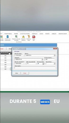 Planilha Excel cadastro de clientes e parcelas a receber recorrência mensal, semanal e diária