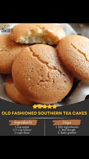 OLD FASHIONED SOUTHERN TEA CAKES Ingredients 1 ¾ cups white sugar 1 cup butter 2 large eggs 1 teaspoon vanilla extract 3 cups all-purpose flour ½ teaspoon baking soda ½ teaspoon salt ¼ teaspoon ground nutmeg Directions Beat sugar and butter together in a large bowl with an electric mixer until light and fluffy. Add eggs one at a time, beating well after each addition. Beat in vanilla extract. Combine flour, baking soda, salt, and nutmeg; stir into creamed mixture. Knead dough for a few turns on 