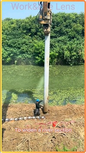 Pile driving concrete piles into a river bank #construction