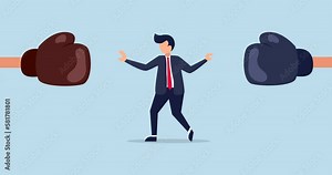 4k Conflict management animation, businessman leader stand in the middle to stop conflicted boxing globe fighting.