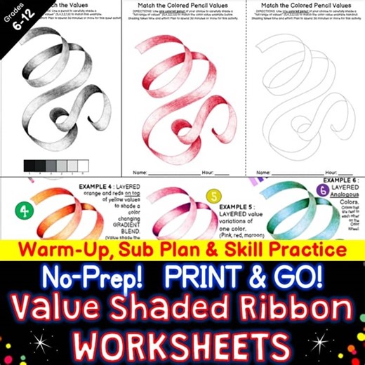 Value Shading Worksheets Middle School Art - Graphite, Colored Pencil Blending