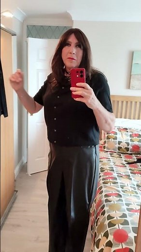 Fashionable leather look trousers with high heels - Glamorous Crossdresser #AlisonThighBootBoy