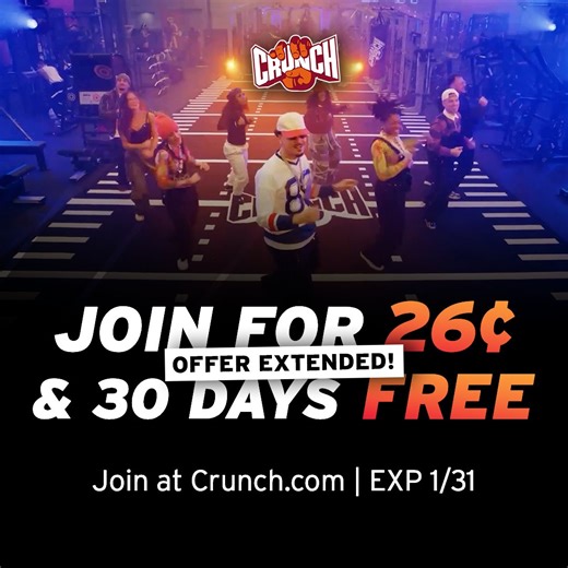 🚨 OFFER EXTENDED: 26¢ TO JOIN 30 DAYS FREE 🚨 Join Crunch today at CrunchPerimeter.com and train FREE for 30 days with state-of-the-art equipment, world famous group fitness, expert coaching, and recovery built to support long-term results. This is a gym designed to help your resolutions last. Memberships start at $9.99/month. 500 locations nationwide. Offer ends 1/31! | Crunch Fitness