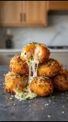 🍤 Crispy Cheesy Garlic Shrimp Bombs Golden, crisp shrimp encase a molten mozzarella and herb cream center, finished with a fragrant garlic butter glaze. This preparation highlights precision breading technique and controlled frying for a perfectly sealed, cheese-filled bite. 🛒Ingredients : 1 lb large shrimp, peeled, deveined, tails removed Salt and black pepper, to taste 1 tsp garlic powder Cheesy Filling: 6 oz mozzarella cheese, cut into small sticks or cubes 2 tbsp cream cheese, softened 1 t