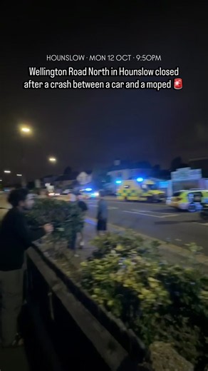 Wellington Road North in Hounslow was closed in both directions on Monday night after a crash involving a car and a moped. Footage sent in shows a car and a moped stopped in the road at around 9pm on Monday 12 October, with police and ambulance crews at the scene and evidence markers on the carriageway. TfL closed the road between Staines Road and The Greenway from 9:05pm. There’s no word yet from police on the condition of those involved. We’ll update if they confirm details. If you saw what ha