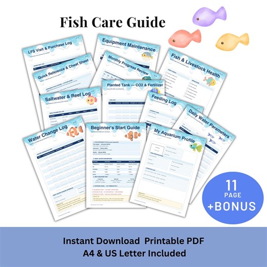 Aquarium Care Tracker Printable Fish Tank Log PDF | Water Parameters Beginner Guide Instant Download - Etsy