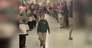 Boy who beat cancer gets surprise greeting from entire school