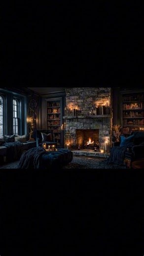 Preview - Candlelit Slate Library Fireplace 🔥📘 Dark Blue Hearth & Cozy Night Ambience