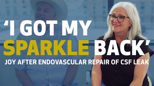 Debra Roberts experienced migraines, fluid in her nose and ears, and short-term memory loss. After a brain sag was noticed on MRI, she began a treatment journey for a cerebrospinal fluid (CSF) leak. Kurt Yaeger, MD, an endovascular neurosurgeon at Houston Methodist, treated Debra with a minimally invasive endovascular procedure to embolize the source of the leak. | Houston Methodist