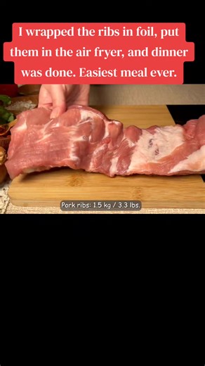 I wrapped the ribs in foil, put them in the air fryer, and dinner was done. Easiest meal ever. #creatorsearchinsights #viral #foryoupage #foryou #fyp