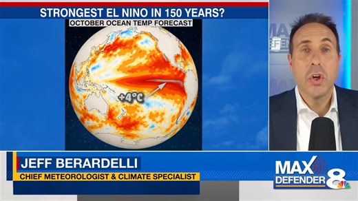 The strongest El Niño in 150 years? Yes, it’s legitimately possible. Not hype. In fact, the “median” forecast for December of all of our computer models combined is slightly “above” the biggest event we know of back in 1877. (+2.9 vs +2.7 using ONI) While this peak intensity may or may not occur, all signs are pointing to a Super El Niño - a “natural” oscillation. That will expel stored heat from the deep Tropical Pacific - on top of significant longterm warming - heating Earth to record levels 