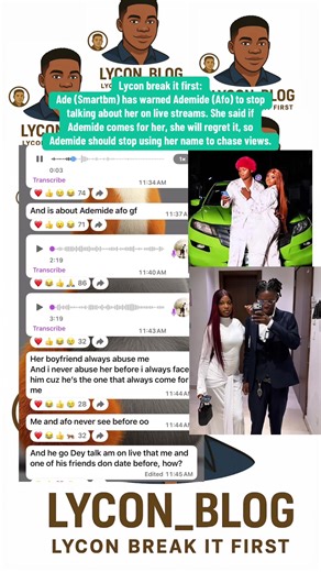 Lycon break it first: Ade (Smartbm) has warned Ademide (Afo) to stop talking about her on live streams. She said if Ademide comes for her, she will regret it, so Ademide should stop using her name to chase views.#fyp #lycon_blog #peller #ade #ademide