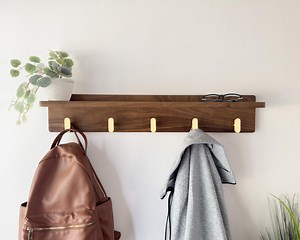 Walnut Entryway Shelf, Walnut Coat Rack, Entryway Hooks With Shelf, Organization Shelf With Hooks, Shelf With Ledge and Hooks - Etsy