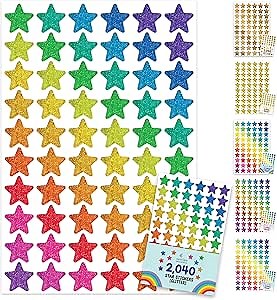 Decorably 2,040 Glitter Star Reward Stickers for Kids - 34 Sheets Small Star Stickers for Kids Reward, Classroom Activities, Positive Reinforcement, Arts & Crafts, Scrapbooking, Gift