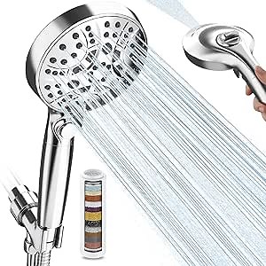 Detachable Filter Shower Head with Hose, Multi-functional High Pressure Shower Head with Handheld, Water Softener Handheld Shower Head with On Off Switch (Chrome)