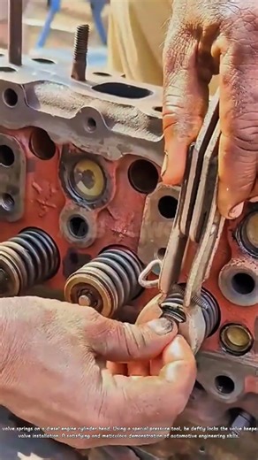 A mechanic assembles a cylinder head on an engine.