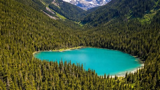 Lago azul oculto entre bosques y montañas