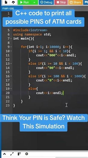 How to write a C++ program to print all possible PINS of every ATM Cards #atm #atmcard #atmchori