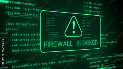 Digital computer screen displaying green glowing code with a prominent neon green warning triangle symbol indicating an error or alert within a code block and digital glitch effects in the