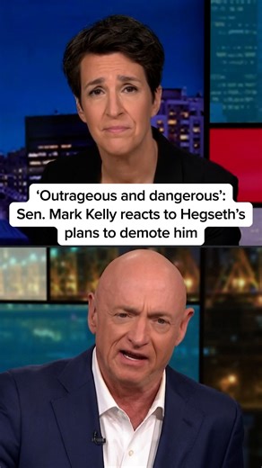 ‘They’re just going to go on their own and try to demote me after 25 years of service in the United States Navy. But here’s the thing, I’m never going to back down from these guys.’ Senator Mark Kelly (D-Ariz.) joins @maddowshow to respond to Secretary of Defense Pete Hegseth’s announcement that he is moving to demote Kelly and cut his military retirement pay, because the senator reminded members of the military of their duty to refuse to obey unlawful orders. #news | MS NOW