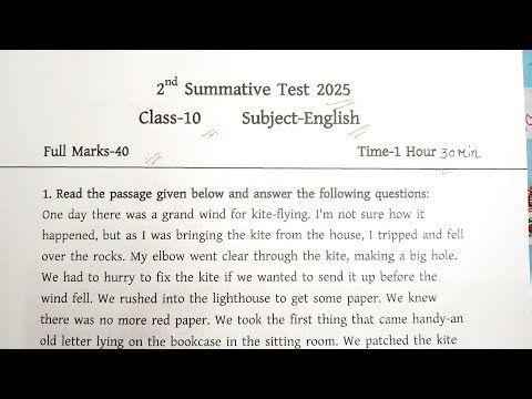 Class 10 English 2nd Unit Test Suggestion 2025 | Class 10 English 2nd Unit Test Question Paper 2025