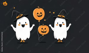 Charming cartoon ghosts dancing in witch hats and with balloons in the form of pumpkin lanterns in their hands celebrate Halloween with a joyful expression on their faces.