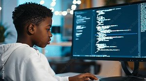 young African student engaged in coding and AI lessons on a computer, representing the integration of inclusive education in digital literacy and ethical hacking in a modern learning