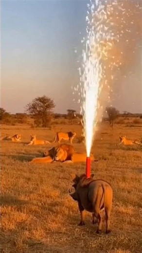 When Fireworks Meet the Pride: The Wildest Encounter! 🎇🐗🦁