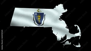4K waving detailed textured flag of Massachusetts animation on the map. Loop alpha channel seamless Massachusetts flag on territory. Outline geographic state border of Massachusetts stock video.
