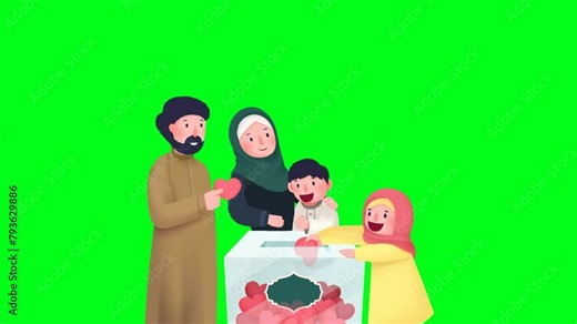 2d animated cartoon characters of mother, son, daughter, father & family who have heart stickers in their hands walk throw them into the box. green screen chroma key.