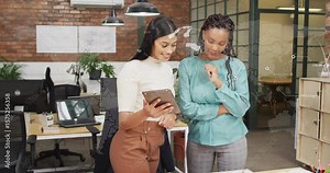 Two women tapping tablet and displaying dotted world map pointing model for architecture planning