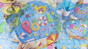 Lenwen 171 Pcs Pool Birthday Party Supplies Serves 24 with Summer Beach Tablecloth Happy Birthday Banner Plates and Napkins Hello Summer Tableware Set for Luau Hawaiian Pool Beach Party Decor