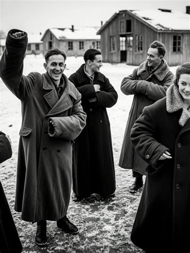 En décembre 1945, le froid de l'hiver s'était installé sur le camp, et les survivants portaient encore les fines haillons usés de leur emprisonnement. Des travailleurs humanitaires sont arrivés avec des paquets de manteaux donnés - chacun unique en couleur, taille et âge. Les survivants les ont essayés, riant des manches trop longues, des boutons dépareillés et des formes étranges qui les faisaient paraître comiquement surdimensionnés. Pour beaucoup, ces manteaux offraient la première vraie chal