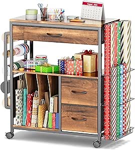 PUNLUXU Wrapping Paper Storage Cart, Rolling Gift Wrap Station with Ribbon and Gift Bag Storage, Wrapping Paper Organizer Holder, Craft Organizers and Storage for Christmas, Craft Storage Cart 004